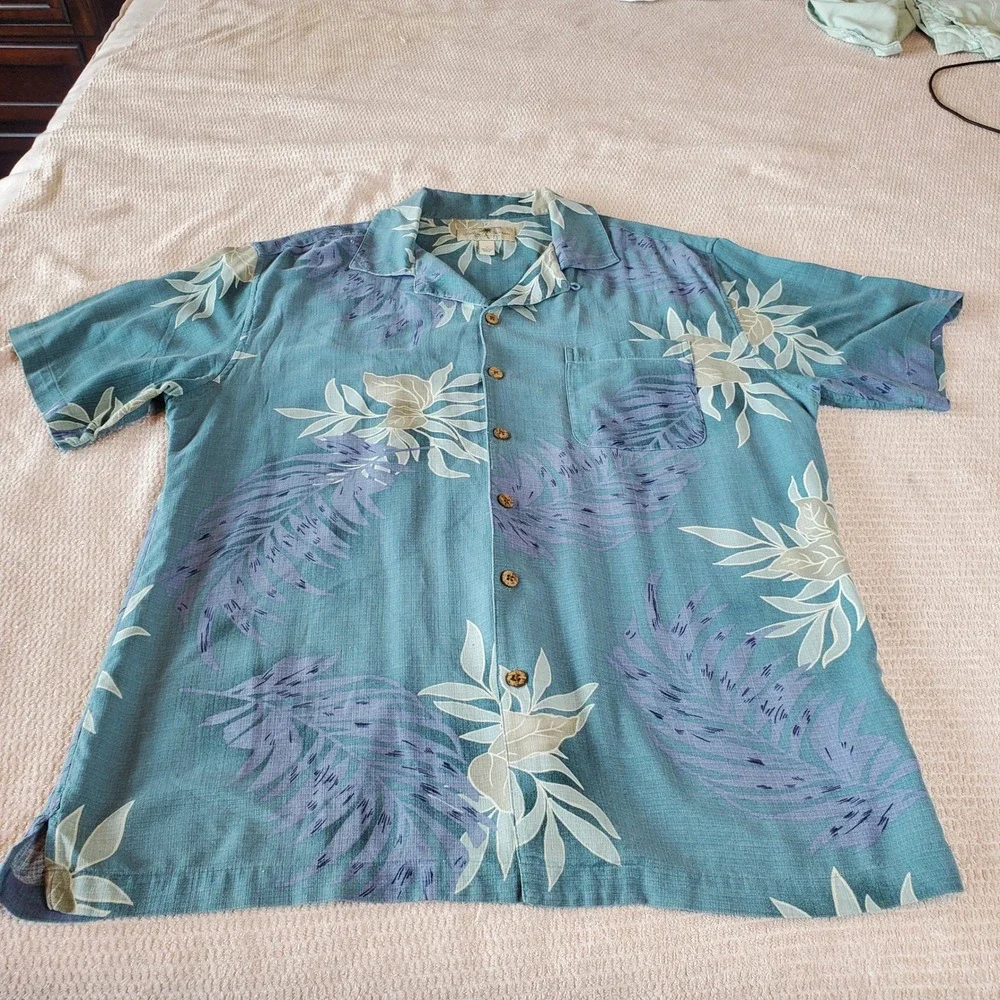 Island Shores Mens Large Teal Blue 100% Washable Silk Tropical Floral Camp Shirt